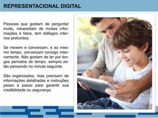 REPRESENTACIONAL DIGITAL
Pessoas que gostam de perguntar
muito, necessitam de muitas infor-
mações e fatos, tem diálogos inter-
nos profundos.
Se mexem e conversam, e ao mes-
mo tempo, conversam consigo inter-
namente. Não gostam de ler por lon-
gos períodos de tempo, sempre es-
tão pensando no minuto seguinte.
São organizados, mas precisam de
informações detalhadas e instruções
passo a passo para garantir sua
credibilidade ou segurança.
 