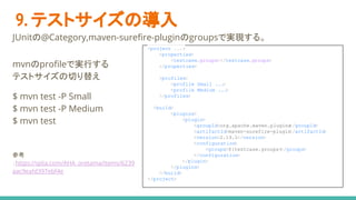 9. テストサイズの導入
JUnitの@Category,maven-surefire-pluginのgroupsで実現する。
<project ...>
<properties>
<testcase.groups></testcase.groups>
</properties>
<profiles>
<profile Small ...>
<profile Medium ...>
</profiles>
<build>
<plugins>
<plugin>
<groupId>org.apache.maven.plugins</groupId>
<artifactId>maven-surefire-plugin</artifactId>
<version>2.19.1</version>
<configuration>
<groups>${testcase.groups}</groups>
</configuration>
</plugin>
</plugins>
</build>
</project>
mvnのprofileで実行する
テストサイズの切り替え
$ mvn test -P Small
$ mvn test -P Medium
$ mvn test
参考
：https://qiita.com/AHA_oretama/items/6239
aac9eafd397ebf4e
 