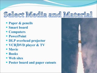 Paper & pencils Smart board Computers PowerPoint DLP overhead projector VCR/DVD player & TV Movie Books Web sites Poster board and paper cutouts 