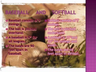 Baseball     and    SoftballBaseball consists of 9 innings.The ball is pitched overhand.A baseball is 9” for all leagues.The bases are 90 feet apart in baseball.Softball consists of 7 innings. The ball is pitched underhand.A softball is 11”and 12” for college and youth.The bases are 60 feet apart in softball. 