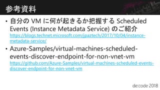 https://blogs.technet.microsoft.com/jpaztech/2017/10/04/instance-
metadata-service/
https://github.com/Azure-Samples/virtual-machines-scheduled-events-
discover-endpoint-for-non-vnet-vm
参考資料
 