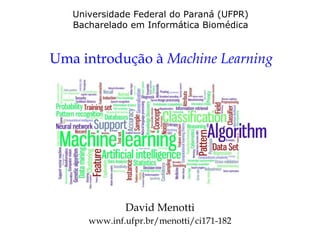 David Menotti
www.inf.ufpr.br/menotti/ci171-182
Universidade Federal do Paraná (UFPR)
Bacharelado em Informática Biomédica
Uma introdução à Machine Learning
 