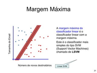 A margem máxima do
classificador linear é o
classificador linear com a
margem máxima.
Este é o classificador mais
simples do tipo SVM
(Support Vector Machines)
chamado de LSVM
Margem Máxima
Número de novos destinatários
Tamanho
do
Email
Linear SVM
31
 