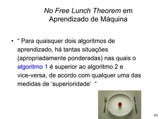 No Free Lunch Theorem em
Aprendizado de Máquina
63
• “ Para quaisquer dois algoritmos de
aprendizado, há tantas situações
(apropriadamente ponderadas) nas quais o
algoritmo 1 é superior ao algoritmo 2 e
vice-versa, de acordo com qualquer uma das
medidas de ‘superioridade’ “
 
