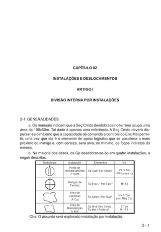 2 - 1
CAPÍTULO 02
INSTALAÇÕES E DESLOCAMENTOS
ARTIGO I
DIVISÃO INTERNA POR INSTALAÇÕES
2-1. GENERALIDADES
a. Os manuais indicam que a Seç Cmdo desdobrada no terreno ocupa uma
área de 100x50m. Tal dado é apenas uma referência. A Seç Cmdo deverá dis-
persar-se o máximo que a capacidade de comando e controle do Enc Mat permi-
tir, uma vez que ela é o elemento de apoio logístico que se posiciona o mais
próximo do inimigo e, com certeza, será alvo, no mínimo, de fogos indiretos do
mesmo.
b. Na maioria dos casos, os Gp desdobrar-se-ão em quatro instalações, a
seguir descritas:
Obs: O assunto será explorado instalação por instalação.
 