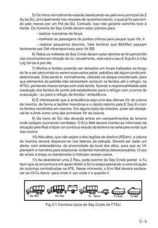 2 - 5
5) Os trens normalmente estarão deslocando-se pelo eixo principal da Z
Aç da SU, principalmente nas missões de reconhecimento, o qual já foi percorri-
do pelo menos por um Pel da SU. Contudo, isso não garante caminho livre à
frente. Os homens da Seç Cmdo devem estar prontos para:
- realizar manobras de força;
- melhorar as passagens de pontos críticos para poupar suas Vtr; e
- realizar pequenos desvios. Vale lembrar que Bld/Mec passam
facilmente por Obt intransponíveis para Vtr SR.
6) Todos os militares da Seç Cmdo devem estar atentos ao Itn percorrido
nos movimentos em direção do Ini. Usualmente, este será o seu E Sup Ev e oAp
Log far-se-á por ele.
7) Mortos e feridos poderão ser deixados em locais balizados ao longo
do Itn a ser percorrido ou serem evacuados pelos pelotões até algum ponto pré-
determinado. Este ponto é, normalmente, utilizado no ataque coordenado, para
que elementos do pelotão não necessitem conduzir os feridos até o refúgio, na
ATSU, perdendo menos tempo com esta tarefa, ficando a responsabilidade pela
condução dos feridos do ponto pré-estabelecido para o refúgio com a turma de
evacuação - ou para o refúgio de feridos / ambulância.
8) É interessante que a ambulância seja uma das últimas Vtr da coluna
de marcha, de forma a facilitar manobras e o rápido retorno pelo E Sup Ev com
os feridos recolhidos em marcha. Em alguns tipos de missões, pode ser desejá-
vel ter a Amb como uma das primeiras Vtr da coluna.
9) Os trens de SU não deverão entrar em compartimentos do terreno
onde estejam ocorrendo combates. O Enc Mat deverá manter-se informado da
situação pelo Rad e fazer um contínuo estudo do terreno na carta para evitar que
isso ocorra.
10) Nos altos, que não sejam o das regiões de destino (RDstn), a coluna
de marcha deverá dispersar-se nas laterais da estrada. Deverá ser dado um
alerta, com antecedência, da proximidade do local dos altos, para que as Vtr
planejem a manobra para estacionar, evitando manobras desnecessárias. O uso
de sinais a braço ou bandeirolas é indicado nesses casos.
11) Ao abandonar uma Z Reu, pode ocorrer da Seç Cmdo perder a Tu
Aprv que se encontrava em apoio direto à SU e esteja passando a uma situação
de cozinhas centralizadas na ATE. Neste momento, o Enc Mat deverá esclare-
cer ao ChTu Aprov: para onde ir; por onde ir e quando ir.
Fig 2-1 Comboio típico de Seç Cmdo de FTSU
 