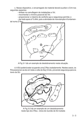 3 - 3
c. Nesse dispositivo, o encarregado de material deverá auxiliar o Cmt nos
seguintes aspectos:
- ênfase na camuflagem de instalações e Vtr;
- movimentar o mínimo possível de Vtr;
- proporcionar o máximo de conforto que a segurança permita; e
- dar todo apoio à Tu Mnt, pois a atividade de manutenção é fundamen-
tal numa Z Reu.
A Fig 3-1 dá um exemplo de desdobramento nesta situação.
d.A SU poderá estar ocupando uma Z Reu isoladamente. Nestes casos, os
Pel posicionar-se-ão em toda a volta da Seç Cmdo, provendo segurança para os
trens da SU.
A Fig 3-2 dá um exemplo de um desdobramento
neste tipo de Z Reu - Zona de reunião de SU isolada
 