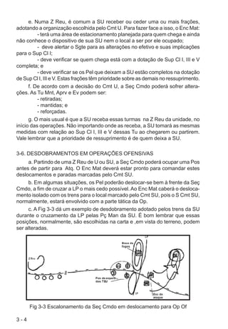 3 - 4
e. Numa Z Reu, é comum a SU receber ou ceder uma ou mais frações,
adotando a organização escolhida pelo Cmt U. Para fazer face a isso, o Enc Mat:
- terá uma área de estacionamento planejada para quem chega e ainda
não conhece o dispositivo de sua SU nem o local a ser por ele ocupado;
- deve alertar o Sgte para as alterações no efetivo e suas implicações
para o Sup Cl I;
- deve verificar se quem chega está com a dotação de Sup Cl I, III e V
completa; e
- deve verificar se os Pel que deixam a SU estão completos na dotação
de Sup Cl I, III e V. Estas frações têm prioridade sobre as demais no ressuprimento.
f. De acordo com a decisão do Cmt U, a Seç Cmdo poderá sofrer altera-
ções. As Tu Mnt, Aprv e Ev podem ser:
- retiradas;
- mantidas; e
- reforçadas.
g. O mais usual é que a SU receba essas turmas na Z Reu da unidade, no
início das operações. Não importando onde as receba, a SU tomará as mesmas
medidas com relação ao Sup Cl I, III e V dessas Tu ao chegarem ou partirem.
Vale lembrar que a prioridade de ressuprimento é de quem deixa a SU.
3-6. DESDOBRAMENTOS EM OPERAÇÕES OFENSIVAS
a. Partindo de uma Z Reu de U ou SU, a Seç Cmdo poderá ocupar uma Pos
antes de partir para Atq. O Enc Mat deverá estar pronto para comandar estes
deslocamentos e paradas marcadas pelo Cmt SU.
b. Em algumas situações, os Pel poderão deslocar-se bem à frente da Seç
Cmdo, a fim de cruzar a LP o mais cedo possível. Ao Enc Mat caberá o desloca-
mento isolado com os trens para o local marcado pelo Cmt SU, pois o S Cmt SU,
normalmente, estará envolvido com a parte tática da Op.
c. A Fig 3-3 dá um exemplo de desdobramento adotado pelos trens da SU
durante o cruzamento da LP pelas Pç Man da SU. É bom lembrar que essas
posições, normalmente, são escolhidas na carta e ,em vista do terreno, podem
ser alteradas.
Fig 3-3 Escalonamento da Seç Cmdo em deslocamento para Op Of
 