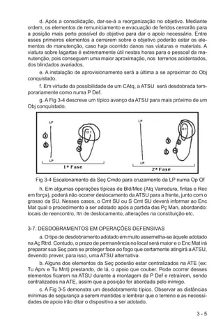 3 - 5
d. Após a consolidação, dar-se-á a reorganização no objetivo. Mediante
ordem, os elementos de remuniciamento e evacuação de feridos cerrarão para
a posição mais perto possível do objetivo para dar o apoio necessário. Entre
esses primeiros elementos a cerrarem sobre o objetivo poderão estar os ele-
mentos de manutenção, caso haja ocorrido danos nas viaturas e materiais. A
viatura sobre lagartas é extremamente útil nestas horas para o pessoal da ma-
nutenção, pois conseguem uma maior aproximação, nos terrenos acidentados,
dos blindados avariados.
e. A instalação de aprovisionamento será a última a se aproximar do Obj
conquistado.
f. Em virtude da possibilidade de um CAtq, a ATSU será desdobrada tem-
porariamente como numa P Def.
g. A Fig 3-4 descreve um típico avanço da ATSU para mais próximo de um
Obj conquistado.
Fig 3-4 Escalonamento da Seç Cmdo para cruzamento da LP numa Op Of
h. Em algumas operações típicas de Bld/Mec (Atq Varredura, fintas e Rec
em força), poderá não ocorrer deslocamento da ATSU para a frente, junto com o
grosso da SU. Nesses casos, o Cmt SU ou S Cmt SU deverá informar ao Enc
Mat qual o procedimento a ser adotado após a partida das Pç Man, abordando:
locais de reencontro, Itn de deslocamento, alterações na constituição etc.
3-7. DESDOBRAMENTOS EM OPERAÇÕES DEFENSIVAS
a. O tipo de desdobramento adotado em muito assemelha-se àquele adotado
naAç Rtrd. Contudo, o prazo de permanência no local será maior e o Enc Mat irá
preparar sua Seç para se proteger face ao fogo que certamente atingirá a ATSU,
devendo prever, para isso, uma ATSU alternativa.
b. Alguns dos elementos da Seç poderão estar centralizados na ATE (ex:
Tu Aprv e Tu Mnt) prestando, de lá, o apoio que couber. Pode ocorrer desses
elementos ficarem na ATSU durante a montagem da P Def e retraírem, sendo
centralizados na ATE, assim que a posição for abordada pelo inimigo.
c. A Fig 3-5 demonstra um desdobramento típico. Observar as distâncias
mínimas de segurança a serem mantidas e lembrar que o terreno e as necessi-
dades de apoio irão ditar o dispositivo a ser adotado.
 