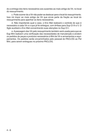 4 - 6
do a entrega dos itens necessários aos ausentes ao mais antigo da Vtr, no local
do ressuprimento.
c. Pode ocorrer de a Vtr não poder se deslocar para o local do ressuprimento.
Isso irá impor ao mais antigo da Vtr que envie parte da fração ao local do
ressuprimento para apanhar os itens necessários.
d. Não importando qual o caso, o Enc Mat realizará o controle do que é
necessário a cada Vtr e o que já foi entregue, com ênfase para Sup Cl III e V. O
Sgte auxiliará o Enc Mat concentrando suas atenções no Sup Cl I.
e. Apassagem das Vtr pelo ressuprimento também será usada para que as
Eqp Mnt realizem uma verificação das necessidades de manutenção e anotem
os pedidos de peças e produtos necessários à Mnt de Vtr e armamentos e equi-
pamentos. Os pedidos serão encaminhados pelo pessoal do PACLOG ao Pel
Mnt, para serem entregues no próximo PACLOG.
 
