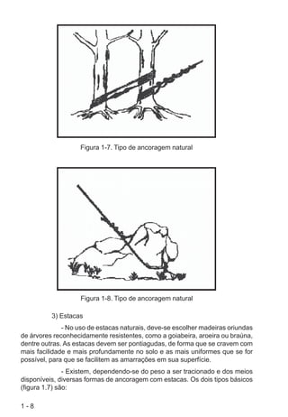 1 - 8
Figura 1-7. Tipo de ancoragem natural
Figura 1-8. Tipo de ancoragem natural
3) Estacas
- No uso de estacas naturais, deve-se escolher madeiras oriundas
de árvores reconhecidamente resistentes, como a goiabeira, aroeira ou braúna,
dentre outras. As estacas devem ser pontiagudas, de forma que se cravem com
mais facilidade e mais profundamente no solo e as mais uniformes que se for
possível, para que se facilitem as amarrações em sua superfície.
- Existem, dependendo-se do peso a ser tracionado e dos meios
disponíveis, diversas formas de ancoragem com estacas. Os dois tipos básicos
(figura 1.7) são:
 