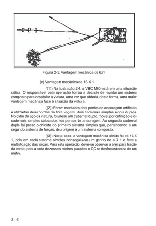 2 - 6
Figura 2-3. Vantagem mecânica de 6x1
(c) Vantagem mecânica de 16 X 1
((1)) Na ilustração 2.4, a VBC M60 está em uma situação
crítica. O responsável pela operação tomou a decisão de montar um sistema
composto para desatolar a viatura, uma vez que obteria, desta forma, uma maior
vantagem mecânica face à situação da viatura.
((2)) Foram montados dois pontos de ancoragem artificiais
e utilizadas duas cordas de fibra vegetal, dois cadernais simples e dois duplos.
No cabo de aço da viatura, foi preso um cadernal duplo, móvel por definição e os
cadernais simples colocados nos pontos de ancoragem. Ao segundo cadernal
duplo foi preso o chicote do primeiro sistema simples que, pertencendo a um
segundo sistema de forças, deu origem a um sistema composto.
((3)) Neste caso, a vantagem mecânica obtida foi de 16 X
1, pois em cada sistema simples conseguiu-se um ganho de 4 X 1 e feita a
multiplicação das forças. Para esta operação, deve-se observar a área para tração
da corda, pois a cada dezesseis metros puxados o CC se deslocará cerca de um
metro.
 