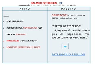 BALANÇO PATRIMONIAL (BP)
                REPRESENTAÇÃO ( cfe lei 11.638/07   e    11.941/09 (ex --MP 449/08)

                 AT I V O                                          PA S S I V O

requisitos:                                              OBRIGAÇÕES A CURTO E LONGO
                                                         PRAZO (origens de recursos)
1)   BENS OU DIREITOS

2)   DE PROPRIEDADE/CONTROLADOS PELA
                                                         “CAPITAL DE TERCEIROS”
                                                           Agrupados de acordo com o
     EMPRESA (ENTIDADE)                                  grau de exigibilidade. “de
                                                         acordo com o seu vencimento”
3)   MENSURÁVEL MONETARIAMENTE


4)   BENEFÍCIOS PRESENTES OU FUTUROS                                  +
                                                         PAT R I M Ô N I O L Í Q U I D O

                                                                                           15
 