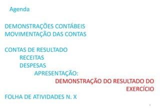 Agenda

DEMONSTRAÇÕES CONTÁBEIS
MOVIMENTAÇÃO DAS CONTAS

CONTAS DE RESULTADO
    RECEITAS
    DESPESAS
         APRESENTAÇÃO:
                DEMONSTRAÇÃO DO RESULTADO DO
                                    EXERCÍCIO
FOLHA DE ATIVIDADES N. X
                                           3
 