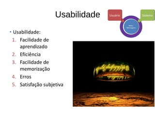 Usabilidade
• Usabilidade:
1. Facilidade de
aprendizado
2. Eficiência
3. Facilidade de
memorização
4. Erros
5. Satisfação subjetiva
 