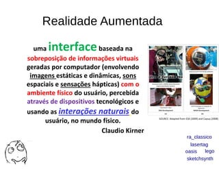 Realidade Aumentada
uma interfacebaseada na
sobreposição de informações virtuais
geradas por computador (envolvendo
imagens estáticas e dinâmicas, sons
espaciais e sensações hápticas) com o
ambiente físico do usuário, percebida
através de dispositivos tecnológicos e
usando as interações naturais do
usuário, no mundo físico.
Claudio Kirner
SOURCE: Adapted from ESA (2009) and Capua (2008)
lasertag
sketchsynth
oasis lego
ra_classico
 