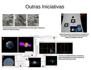 Outras Iniciativas
DESENVOLVIMENTO E APLICAÇÃO DE RECURSOS DE
REALIDADE AUMENTADA EM VISUALIZAÇÃO DE
DADOS DE MISSÕES ESPACIAIS
RECONSTRUÇÃO GRÁFICA TRIDIMENSIONAL DE EDIFICAÇÕES URBANAS A
PARTIR DE IMAGENS AÉREAS
THE ROLE OF COMPUTATIONAL STEERING IN
SPACE ENGINEERING ACTIVITIES ASSISTED BY
MODELLING AND SIMULATION
 