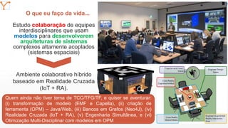 Mission Simulation Lab
HICEE
Mission Simulation Lab
HICEE
O que eu faço da vida...
Estudo colaboração de equipes
interdisciplinares que usam
modelos para desenvolverem
arquiteturas de sistemas
complexos altamente acoplados
(sistemas espaciais)
10:52
Ambiente colaborativo híbrido
baseado em Realidade Cruzada
(IoT + RA).
cscerqueira.com.br
Quem ainda não tiver tema de TCC/TFG/TF, e quiser se aventurar:
(i) transformação de modelo (EMF e Capella), (ii) criação de
ferramenta (OPM) – Java/Web, (iii) Bancos em Grafos (Neo4J), (iv)
Realidade Cruzada (IoT + RA), (v) Engenharia Simultânea, e (vi)
Otimização Multi-Disciplinar com modelos em OPM
 