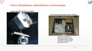 Mission Simulation Lab
HICEE
Mission Simulation Lab
HICEE
Físico: Simuladores radioelétricos e comunicação
RF Suitcase dos satélites SCD-1 e SCD-2
Modelo RADIOELÉTRICO do CBER-3
Simula a transmissão e
recepção de sinais em RF
dos satélites SCD-1 e SCD-2,
para teste das antenas das
estações terrenas.
11:07 31
 