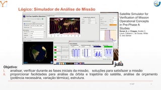 Mission Simulation Lab
HICEE
Mission Simulation Lab
HICEE
Lógico: Simulador de Análise de Missão
Objetivo:
i. analisar, verificar durante as fases iniciais da missão, soluções para satisfazer a missão
ii. proporcionar facilidades para análise da órbita e trajetória do satélite, análise de orçamento
(potência necessária, variação térmica), estrutura.
11:07 32
Satellite Simulator for
Verification of Mission
Operational Concepts
in Pre-Phase A
Studies
Ronan A. J. Chagas, Arcélio C.
Louro, Fabiano L. de Sousa, Willer
G. dos Santos
 