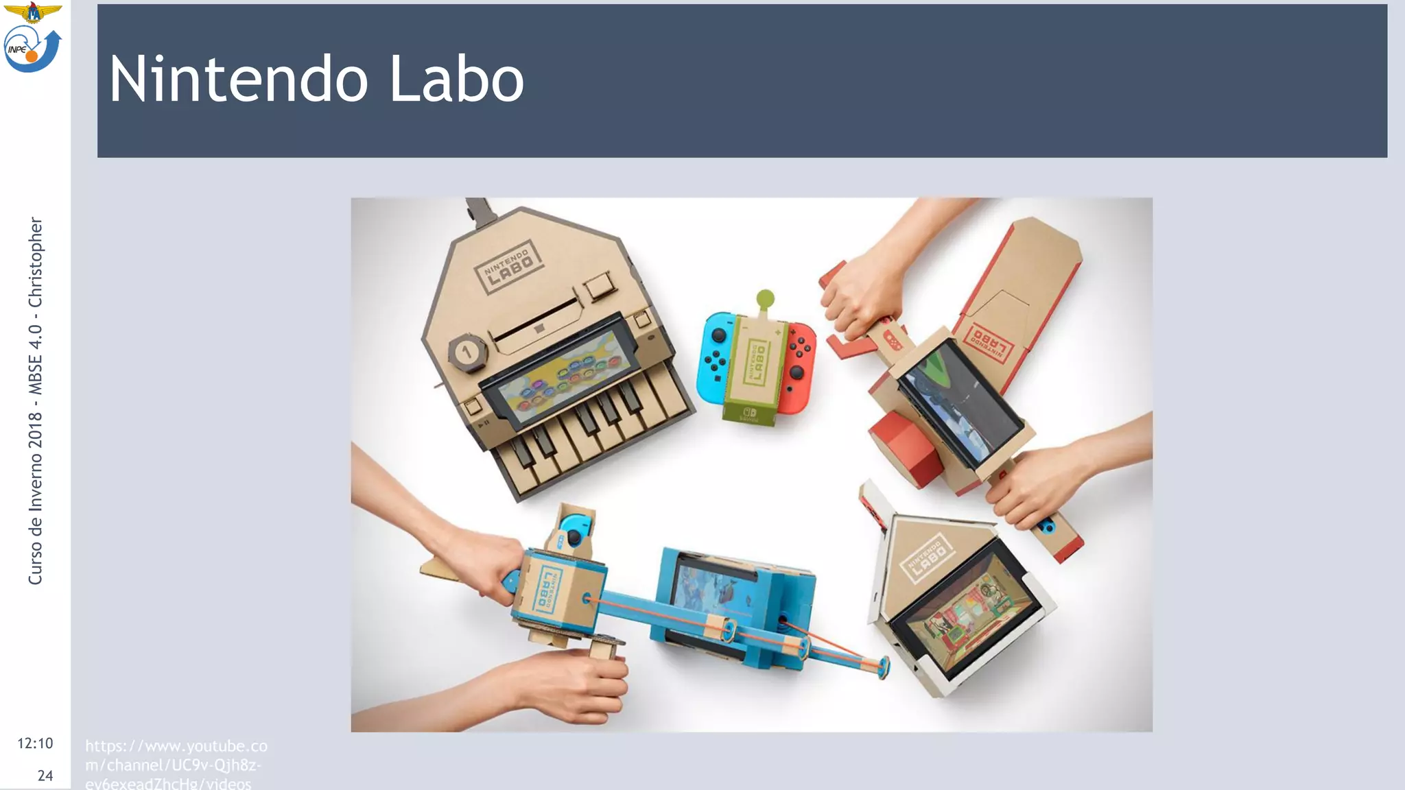 Nintendo Labo
12:10
CursodeInverno2018-MBSE4.0-Christopher
24
https://www.youtube.co
m/channel/UC9v-Qjh8z-
ey6exeadZhcHg/videos
 