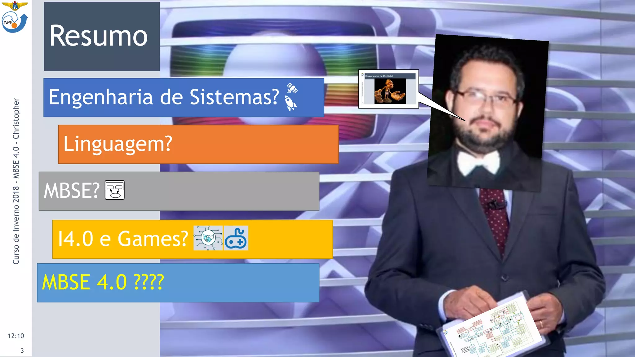 Resumo
12:10
CursodeInverno2018-MBSE4.0-Christopher
3
Engenharia de Sistemas?
Linguagem?
MBSE?
I4.0 e Games?
MBSE 4.0 ????
 