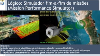 Lógico: Simulador fim-a-fim de missões
(Mission Performance Simulator)
Objetivo:
estudar conceitos e viabilidade da missão para atender seu uso finalístico.
Este tipo de simulador é capaz de reproduzir todos os processos e passos significativos que
impactam a performance da missão e gerar produtos de dados finais simulados.9:13
10
CursodeInverno2018-SimuladoresdeSatélites-Christopher
 