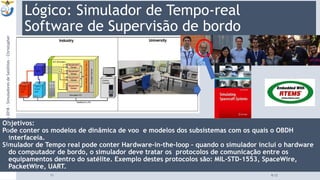 Lógico: Simulador de Tempo-real
Software de Supervisão de bordo
Objetivos:
Pode conter os modelos de dinâmica de voo e modelos dos subsistemas com os quais o OBDH
interfaceia.
Simulador de Tempo real pode conter Hardware-in-the-loop – quando o simulador inclui o hardware
do computador de bordo, o simulador deve tratar os protocolos de comunicação entre os
equipamentos dentro do satélite. Exemplo destes protocolos são: MIL-STD-1553, SpaceWire,
PacketWire, UART.
9:1311
CursodeInverno2018-SimuladoresdeSatélites-Christopher
 