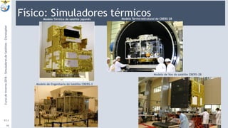 Físico: Simuladores térmicos
9:13
18
Modelo Térmico de satélite japonês
Modelo de Engenharia do Satélite CBERS-3
Modelo Termo-estrutural do CBERS-2B
Modelo de Voo do satélite CBERS-2B
CursodeInverno2018-SimuladoresdeSatélites-Christopher
 