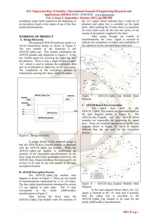 D.V.Nageswara Rao, P.Sunitha / International Journal of Engineering Research and
                     Applications (IJERA) ISSN: 2248-9622 www.ijera.com
                      Vol. 2, Issue 5, September- October 2012, pp.500-508
considered single faults injected at the beginning of          the „Ld‟ signal, which indicates that a valid set of
an encryption round, at the inputs of one of the four          plaintext and cipher key is available on the input
round transformations.                                         ports. After reaching the r0 state, there is a transition
                                                               on every clock cycle for the next ten cycles, as ten
                                                               rounds of encryption is applied to the State.
WORKING OF PROJECT                                                      After going through ten rounds of
 A. Design Hierarchy                                           transformations, the „done‟ signal is asserted to
         The proposed AES128 hardware model is a               indicate the completion of cipher and availability of
3-level hierarchical design as shown in Figure 6.              the ciphertext on the corresponding output port.
The root module in the hierarchy is the                                                                                                ↑clk           ↑clk
                                                                                                                                               r2
AES128_cipher_top. This module implements the
                                                                                                                     ↑clk                                         ↑clk
AES128 pseudo code displayed in Figure 2. It has                                                                                  r1                         r3
two 128-bit inputs for receiving the cipher key and
the plaintext. There is also a single bit input signal,                                      Ld                 r0                                                        r4
                                                                           !rst                                                                                                   ↑clk
„Ld‟, which is used to indicate the availability of a
new set of plaintext or cipher key on the input ports.                                rst    Wait for           !Ld
                                                                           Reset                                                                                                r5
The completion of the encryption process is                                                   Ld

indicated by asserting the „done‟ single bit output.                                        ↑clk                                                                                  ↑clk
                                                                                                               r10                                                        r6

                                                                  States              Outputs
                                                                ---------------      --------------                               r9                         r7
                                                                  R0 … R9              done=0                         ↑clk                                        ↑clk
                                                                                    ciphertext= z

                                                                  R10                  done=1                                                  r8
                                                                                   ciphertext= <valid>                                 ↑clk           ↑clk



                  AES128_Cipher_Top            ciphertext      Figure 7 – AES128_Cipher_Top Module State
  plaintext
          128 b                               128 b            Diagram
  cipherkey
         128 b                                                 C. AES128 Round Key Generation
    ld
                                                                        The   round    keys    used    by     the
   rst                                                  done   AES128_Cipher_Top module are generated based on
                                AES128_Rcon
   clk                                                         the state diagram shown in Figure 8.          The
                     AES128_Key_Expand                         AES128_Key_Expand and the AES128_RCon
                                                               modules are responsible for generating the round
                                                               keys. These two modules operate based on the state
                                                               diagram shown in Figure 10, which is slightly
                                                               different than the one used for the encryption
                                                               process.
Figure 6 – Design Hierarchy                                                                                                       ↑clk              ↑clk
                                                                                                                                              r2

         A unique feature of the proposed design is                                                            Ld                                                  ↑clk
                                                                                                                             r1                             r3
that the AES128_Key_Expand module is pipelined
with the AES128_cipher_top module. While the                                                                                                                                   ↑clk
                                                                                                         r0              !Ld                                              r4
                                                                                     rst
AES128_cipher_top module is performing an
iteration of the encryption transformations on the
State using the previously generated round keys, the                       !rst       Reset
                                                                                                              ↑clk                                                               r5

AES128_Key_Expand produces the next round‟s set
                                                                                                                                                                                      ↑clk
of keys to be used by the root module in the next                                                       r10                                                               r6
encryption iteration.
                                                                                                              ↑clk                                                ↑clk
                                                                   States                     Outputs          ·
                                                                                                                             r9                             r7
B. AES128 Encryption Process                                   ---------------
                                                               R0 … R10
                                                                                   ---------------------------------
                                                                                   w0 = roundkey(Round*i)
         The AES128_cipher_top module state                                        w1 = roundkey(Round*i+1)
                                                                                   w2 = roundkey(Round*i+2)                       ↑clk
                                                                                                                                              r8
                                                                                                                                                     ↑clk
diagram is shown in Figure 7. There are ten rounds                                 w3 = roundkey(Round*i+3)

of transformations represented by r1 to r10 states.
The four cipher transformations introduced in section          Figure 8 – AES128_Key_Expand Module State
2.3 are applied to each state.        The r0 state             Diagram
corresponds     to    the    initial  AddRoundKey                        In the state diagram shown above, the „Ld‟
transformation in Figure 2.                                    signal is checked in the „r0‟ state and if asserted,
         After leaving the Reset state, the                    then the cipher key is provided to the
AES128_Cipher_Top module waits for assertion of                AES128_Cipher_Top module to be used for the
                                                               initial AddRoundKey transformation.


                                                                                                                                                             505 | P a g e
 
