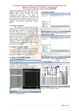D.V.Nageswara Rao, P.Sunitha / International Journal of Engineering Research and
                   Applications (IJERA) ISSN: 2248-9622 www.ijera.com
                    Vol. 2, Issue 5, September- October 2012, pp.500-508
24.09ns. By considering the setup time of the
destination flip-flop in this path, which is 0.85ns, the    ii. Performance Report
40MHz clock signal satisfies the worst
combinational path delay.            The delays of
combinational gates, setup time of flip-flops and
Clock-To-Q values are derived from the LSI_10k
library file that was used for the mapping step during
synthesis. The synthesis timing report is shown
below:

C. Synthesis Area Result
          The synthesis area report shows the total
number of cells and nets in the netlist. It also uses the
area parameter associated with each cell in the
LSI_10K library file, to calculate the total
combinational and sequential area of the netlist. The       Figure 12.Fmax. Summary report of slow carner.
total area of the gate level netlist is unknown since it    iii. Performance Report
depends on total area of the inter connects, which
itself is a function of the wiring load model used in
physical design. The total cell area in the netlist is
reported as 22978 units, which is the sum of
combinational and sequential areas. The synthesis
area report is shown below

D. Synthesis Constraint Violators
        To enforce the synthesis tool to create the
most compact netlist, the area of the gate level netlist
was constrained to zero during the synthesis process.
As a result, the only constraint violation, which is
expected, is related to the area as shown bellow

IX. RESULT AND DISCUSSION
                                                            Figure 13.Fmax. summary report of fast carner.
 i. Area Utilization Report
                                                            iv. Synthesis Report




                                                            Figure 14. RTL Schematic report



Figure 11. Simulated output.




                                                                                                 507 | P a g e
 