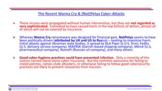Institute of World Politics © Proprietary 2017
The Recent Wanna Cry & [Not]Petya Cyber-Attacks
 These viruses were propagated without human intervention, but they are not regarded as
very sophisticated. Estimated to have caused harm in the low billions of dollars, almost all
of which will not be covered by insurance.
 Whereas Wanna Cry ransomware was designed for financial gain, NotPetya seems to have
been politically driven (attributed by UK and US to Russia( – seeking to maximize harm.
Initial attacks against Ukrainian state bodies, it spread to DLA Piper (a U.S. firm), FedEx
(U.S. delivery service company), MAERSK (Danish-based shipping company), Merck (U.S,
pharmaceutical company), Rosneft (Russian oil company), and many others.
 Good cyber-hygiene practices could have prevented infection. Only a minority of the
victims carried stand-alone cyber insurance. But the common exclusions for failing to
install patches, nation-state attackers, or otherwise failing to follow good cybersecurity
practices are likely to prevent recoveries from insurers.
 