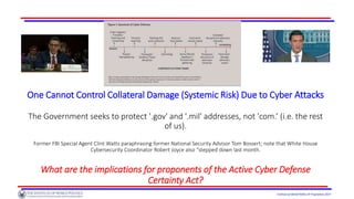 Institute of World Politics © Proprietary 2017
One Cannot Control Collateral Damage (Systemic Risk) Due to Cyber Attacks
The Government seeks to protect '.gov' and '.mil' addresses, not 'com.’ (i.e. the rest
of us).
Former FBI Special Agent Clint Watts paraphrasing former National Security Advisor Tom Bossert; note that White House
Cybersecurity Coordinator Robert Joyce also “stepped down last month.
What are the implications for proponents of the Active Cyber Defense
Certainty Act?
 