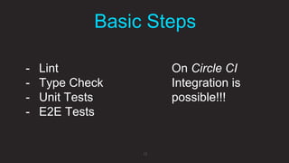 Basic Steps
15
- Lint
- Type Check
- Unit Tests
- E2E Tests
On Circle CI
Integration is
possible!!!
 