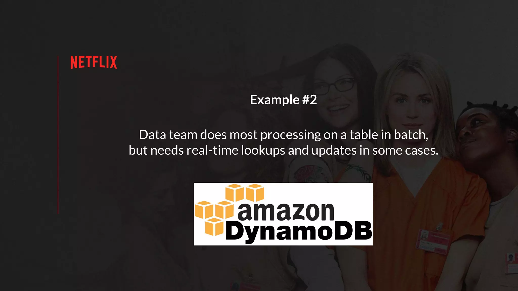 Data team does most processing on a table in batch,
but needs real-time lookups and updates in some cases.
Example #2
 
