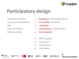 Participatory design
collecting & sharing      →   browsing & collecting & sharing
anonymous contributions   →   user profiles, attribution
tags                      →    categories
wiki-style editing        →   commenting, multiple entries
audio recordings          →   text-to-speech


                          +   offline support
                          +   user groups
                          +   rating system
                          +    localisation
 