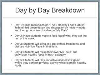 Day by Day Breakdown
• Day 1: Class Discussion on “The 5 Healthy Food Groups”
Teacher led presentation and discussion on healthy foods
and their groups, watch video on “My Plate”
• Day 2: Have students make a food log of what they eat the
rest of the week.
• Day 3: Students will bring in a snack/food from home and
discuss Nutrition Facts in that item.
• Day 4: Students will make their own “My Plate” and
draw/label healthy foods in each category.
• Day 5: Students will play an “active academics” game,
where they perform physical activity while learning healthy
foods.
 