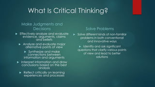 What Is Critical Thinking?
Make Judgments and
Decisions
Effectively analyze and evaluate
evidence, arguments, claims
and beliefs
 Analyze and evaluate major
alternative points of view
 Synthesize and make
connections between
information and arguments
 Interpret information and draw
conclusions based on the best
analysis
 Reflect critically on learning
experiences and processes



Solve Problems


Solve different kinds of non-familiar
problems in both conventional
and innovative ways
Identify and ask significant
questions that clarify various points
of view and lead to better
solutions


 