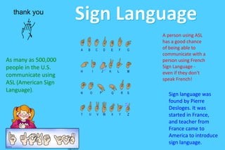 As many as 500,000
people in the U.S.
communicate using
ASL (American Sign
Language).

A person using ASL
has a good chance
of being able to
communicate with a
person using French
Sign Language even if they don't
speak French!

Sign language was
found by Pierre
Desloges. It was
started in France,
and teacher from
France came to
America to introduce
sign language.

 