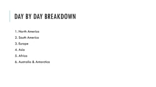DAY BY DAY BREAKDOWN
1. North America
2. South America
3. Europe
4. Asia
5. Africa
6. Australia & Antarctica
 
