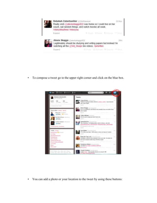 •

To compose a tweet go to the upper right corner and click on the blue box.

•

You can add a photo or your location to the tweet by using these buttons:

 