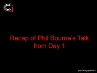 globus.org/genomics
Recap of Phil Bourne’s Talk
from Day 1
 
