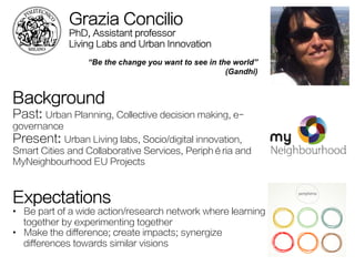 Grazia Concilio 
PhD, Assistant professor 
Living Labs and Urban Innovation 
“Be the change you want to see in the world” ...