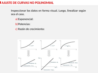 AJUSTE DE CURVAS NO POLINOMIAL
Inspeccionar los datos en forma visual. Luego, linealizar según
sea el caso.
a) Exponencial:
b)Potencias:
c) Razón de crecimiento:
 