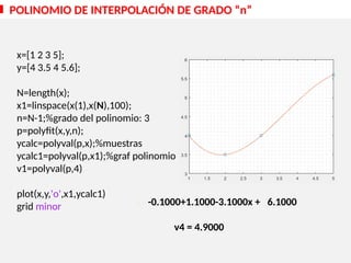p = -0.1000+1.1000-3.1000x + 6.1000
v4 = 4.9000
x=[1 2 3 5];
y=[4 3.5 4 5.6];
N=length(x);
x1=linspace(x(1),x(N),100);
n=N-1;%grado del polinomio: 3
p=polyfit(x,y,n);
ycalc=polyval(p,x);%muestras
ycalc1=polyval(p,x1);%graf polinomio
v1=polyval(p,4)
plot(x,y,'o',x1,ycalc1)
grid minor
POLINOMIO DE INTERPOLACIÓN DE GRADO “n”
 