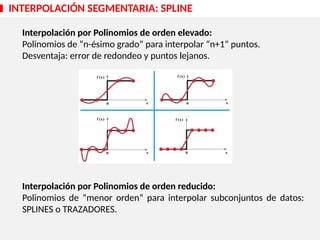 Interpolación por Polinomios de orden elevado:
Polinomios de “n-ésimo grado” para interpolar “n+1” puntos.
Desventaja: error de redondeo y puntos lejanos.
Interpolación por Polinomios de orden reducido:
Polinomios de “menor orden” para interpolar subconjuntos de datos:
SPLINES o TRAZADORES.
INTERPOLACIÓN SEGMENTARIA: SPLINE
 
