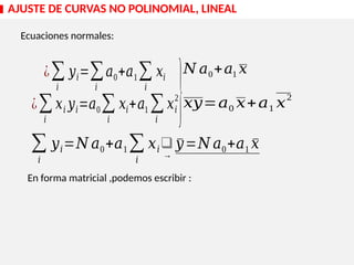 Ecuaciones normales:
¿∑
𝑖
𝑦𝑖=∑
𝑖
𝑎0+𝑎1∑
𝑖
𝑥𝑖
¿∑
𝑖
𝑥𝑖 𝑦𝑖=𝑎0∑
𝑖
𝑥𝑖+𝑎1 ∑
𝑖
𝑥𝑖
2
}
∑
𝑖
𝑦𝑖=𝑁 𝑎0+𝑎1∑
𝑖
𝑥𝑖❑
→
¯
𝑦=𝑁 𝑎0+𝑎1 ¯
𝑥
En forma matricial ,podemos escribir :
𝑥𝑦=𝑎0 𝑥+𝑎1 𝑥
2
𝑁 𝑎0+𝑎1 𝑥
AJUSTE DE CURVAS NO POLINOMIAL, LINEAL
 