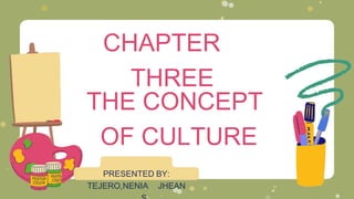 CHAPTER
THREE
THE CONCEPT
OF CULTURE
PRESENTED BY:
TEJERO,NENIA JHEAN
 