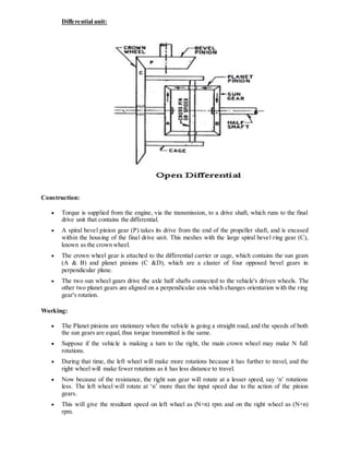 Differential unit:
Construction:
 Torque is supplied from the engine, via the transmission, to a drive shaft, which runs to the final
drive unit that contains the differential.
 A spiral bevel pinion gear (P) takes its drive from the end of the propeller shaft, and is encased
within the housing of the final drive unit. This meshes with the large spiral bevel ring gear (C),
known as the crown wheel.
 The crown wheel gear is attached to the differential carrier or cage, which contains the sun gears
(A & B) and planet pinions (C &D), which are a cluster of four opposed bevel gears in
perpendicular plane.
 The two sun wheel gears drive the axle half shafts connected to the vehicle's driven wheels. The
other two planet gears are aligned on a perpendicular axis which changes orientation with the ring
gear's rotation.
Working:
 The Planet pinions are stationary when the vehicle is going a straight road, and the speeds of both
the sun gears are equal, thus torque transmitted is the same.
 Suppose if the vehicle is making a turn to the right, the main crown wheel may make N full
rotations.
 During that time, the left wheel will make more rotations because it has further to travel, and the
right wheel will make fewer rotations as it has less distance to travel.
 Now because of the resistance, the right sun gear will rotate at a lesser speed, say ‘n’ rotations
less. The left wheel will rotate at ‘n’ more than the input speed due to the action of the pinion
gears.
 This will give the resultant speed on left wheel as (N+n) rpm and on the right wheel as (N+n)
rpm.
 