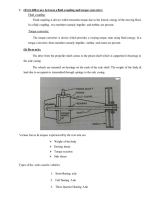 8. (B) (i) difference between a fluid coupling and torque converter:
Fluid coupling:
Fluid coupling is device which transmits torque due to the kinetic energy of the moving fluid.
In a fluid coupling, two members namely impeller and turbine are present.
Torque converter:
The torque converter is device which provides a varying torque ratio using fluid energy. In a
torque converter, three members namely impeller, turbine and stator are present.
(ii) Rear axle:
The drive from the propeller shaft comes to the pinion shaft which is supported in bearings in
the axle casing.
The wheels are mounted on bearings on the ends of the axle shaft. The weight of the body &
load due to occupants is transmitted through springs to the axle casing.
Various forces & torques experienced by the rear axle are
 Weight of the body
 Driving thrust
 Torque reaction
 Side thrust
Types of live axles used in vehicles:
1. Semi-floating axle
2. Full floating Axle
3. Three Quarter Floating Axle
 